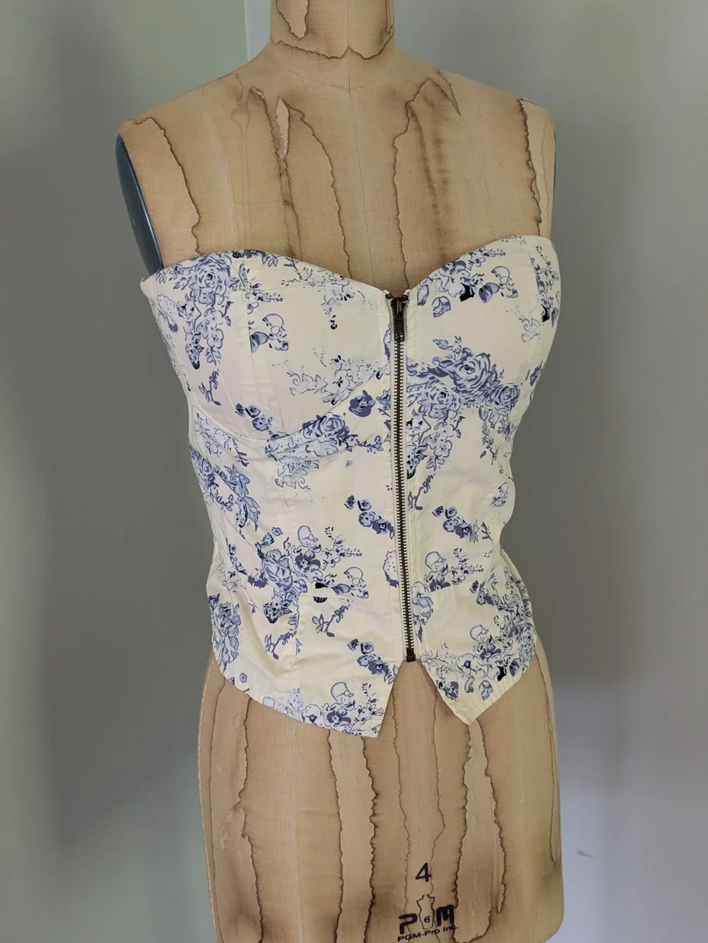 Floral Strapless Zip-Front Bustier Top - Blue on Cream